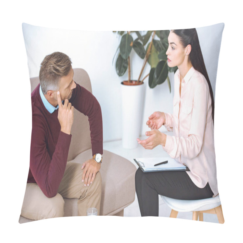 Personality  Female Psychologist Talking On Patient On Sofa During Therapy Session Pillow Covers