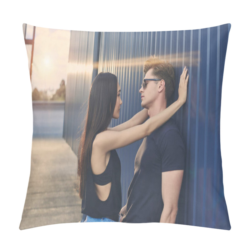 Personality  Interracial Hot Couple Flirting On Roof With Back Light Pillow Covers