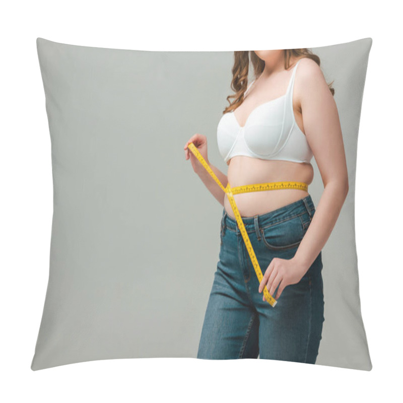 Personality  Cropped View Of Happy Plus Size Woman In Jeans Measuring Waist Isolated On Grey Pillow Covers