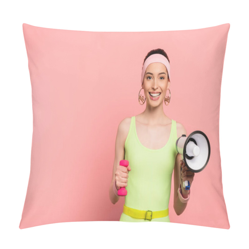 Personality  Happy Sportswoman Holding Dumbbell And Loudspeaker On Pink  Pillow Covers