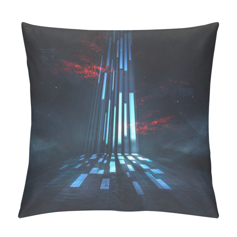 Personality  Futuristic Fantasy Night Landscape With Abstract Landscape And Island, Moonlight, Radiance, Moon, Neon. Dark Natural Scene With Light Reflection In Water. Neon Space Galaxy Portal. 3D Illustration.  Pillow Covers