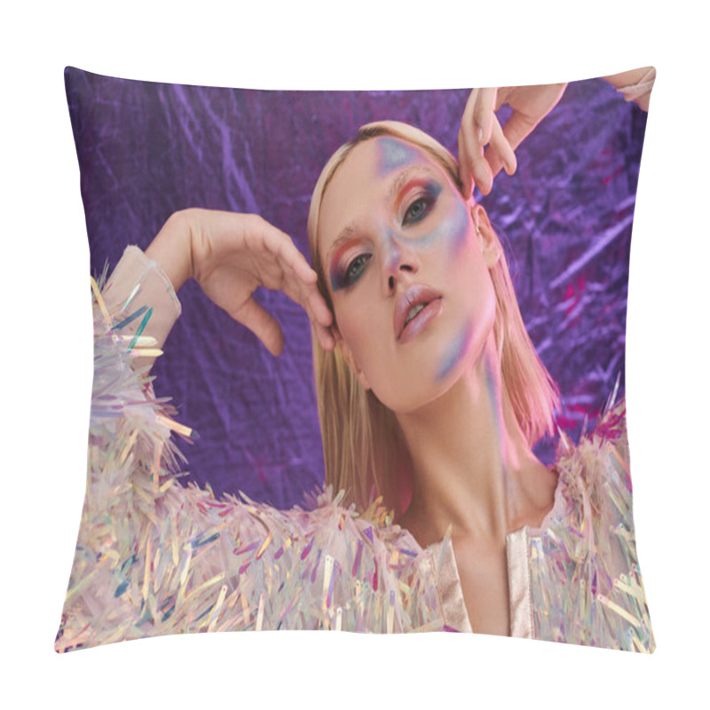 Personality  A Stylish Young Woman Poses Elegantly, Highlighting Her Holographic Fashion. Pillow Covers