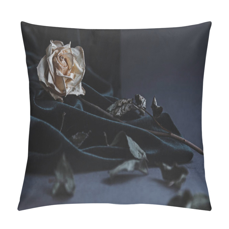 Personality  Dried White Rose On Gray Background With Dark Velvet Draping Pillow Covers