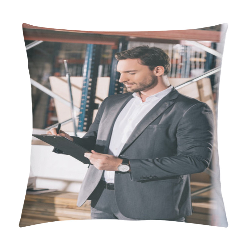 Personality  Concentrated Businessman Writing On Clipboard In Warehouse Pillow Covers