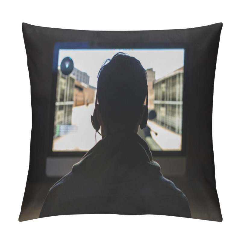 Personality  Back View Of Handsome Young Gamer Playing FPS Video Games At Home In Dark Room. Pillow Covers