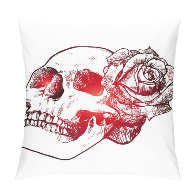 Personality   Skull And Rose. Beautiful Sketch Of Tattoo, Red Gradient. Pillow Covers