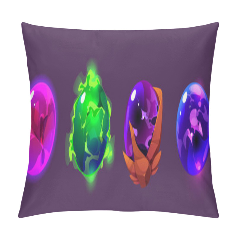 Personality  Set Of Magic Game Balls Isolated On Background. Vector Cartoon Illustration Of Energy Crystals In Neon Purple, Green, Blue Colors With Liquid, Gas, Abstract Texture, Mystique Fortunetelling Spheres Pillow Covers