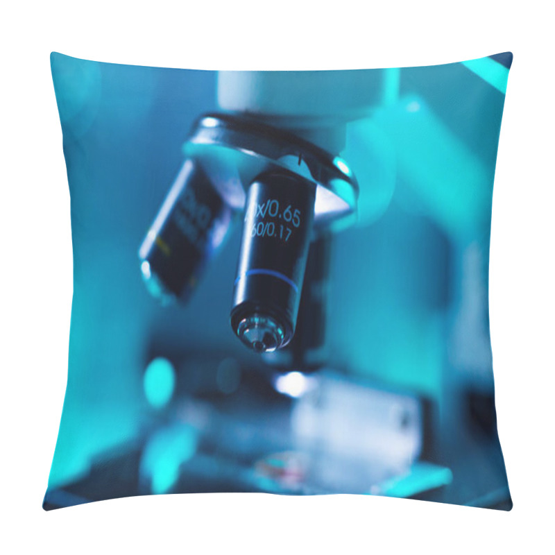 Personality  Close-up Of Scientific Microscope. Laboratory In Hospital. Epidemic Disease, Healthcare, Vaccine Research And Coronavirus 2019-ncov Test Concept. Pillow Covers