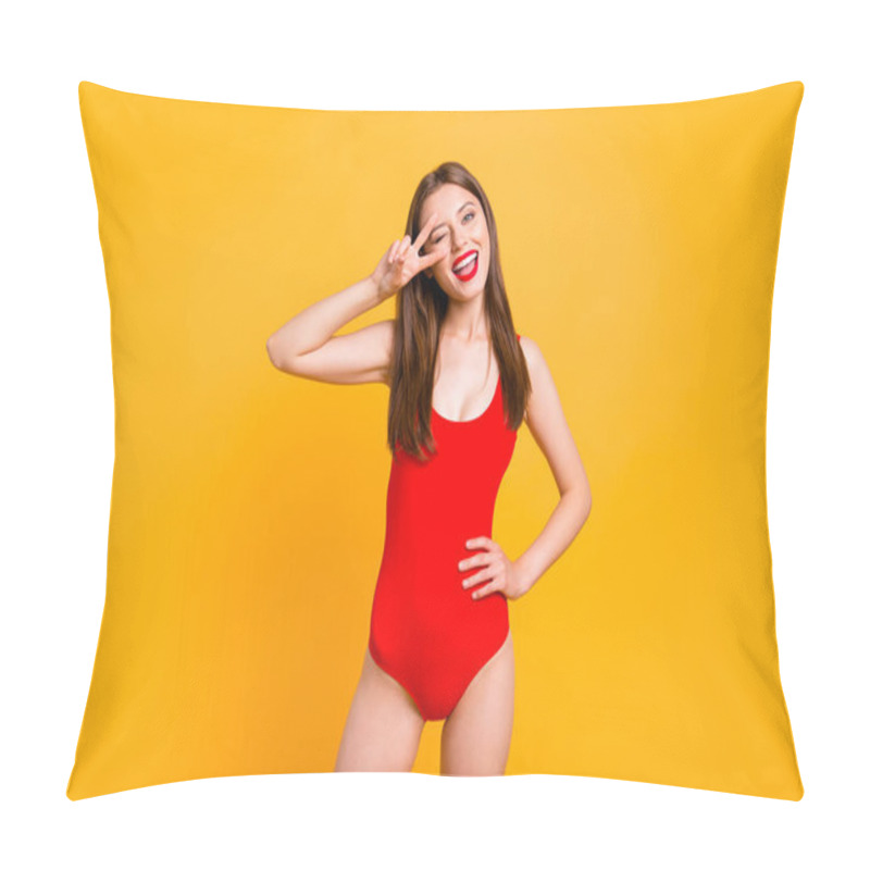 Personality  Party Mood! Portrait Of Foolish Playful Girl Gesturing V-sign Near Winking Eye Showing Tongue Out Looking At Camera Isolated On Vivid Yellow Background Pillow Covers