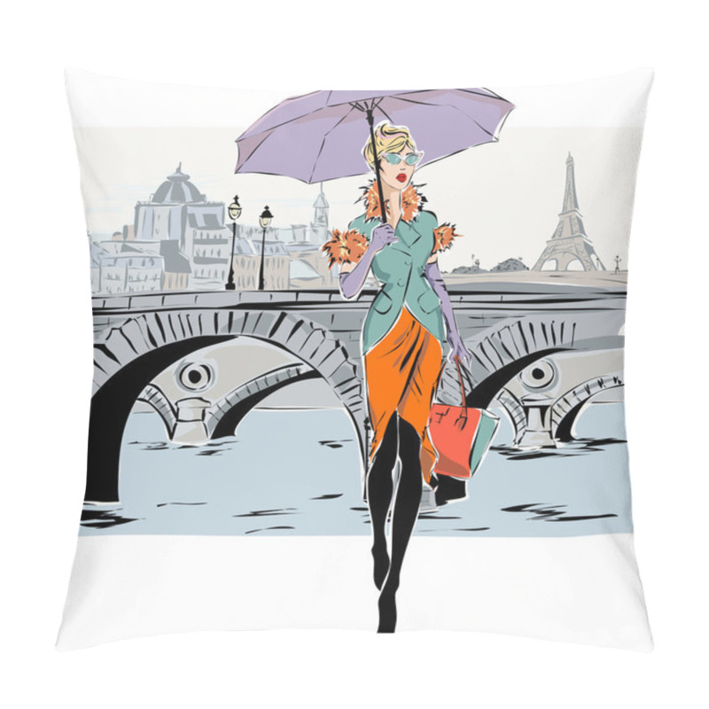 Personality  Fashion Models In Sketch Style Fall Winter With Paris City Background Pillow Covers