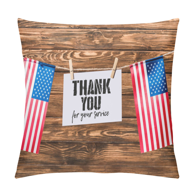 Personality  Card For Veterans Day Hanging On String With Pins And American Flags On Wooden Background Pillow Covers