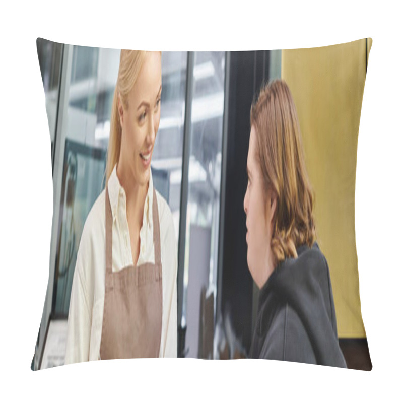 Personality  Cheerful Cafe Administrator Talking To Young Female Employee With Down Syndrome, Horizontal Banner Pillow Covers