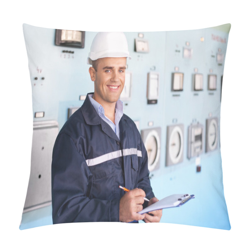 Personality  Young Smiling Engineer Taking Notes At Control Room Pillow Covers