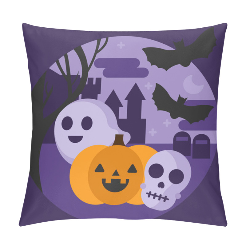 Personality  Reduction, Pumpkin, Skull And Bats Against The Background Of A Dark Castle And Grave At Night Pillow Covers