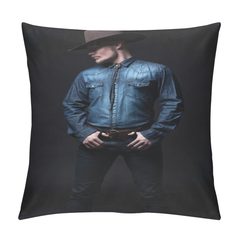 Personality  Modern Fashion Cowboy. Wearing Brown Hat And Blue Jeans Shirt. B Pillow Covers