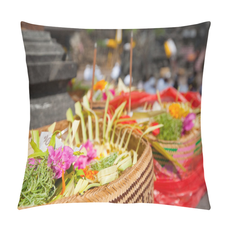 Personality  Offerings To Gods In Bali With Flowers, Food And Aroma Sticks Pillow Covers