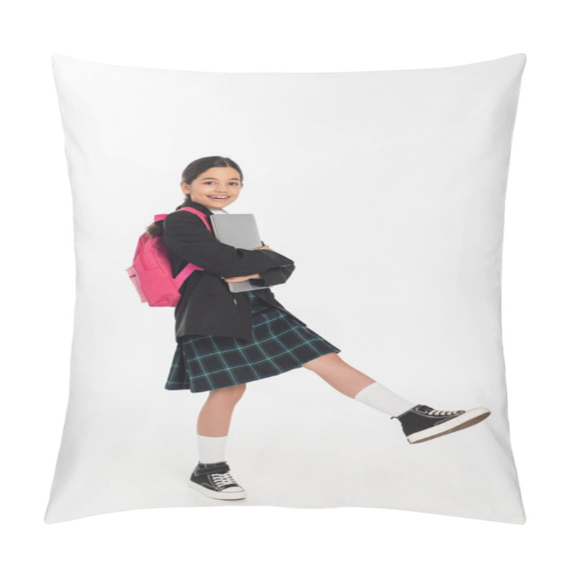 Personality  Joyful Schoolgirl Holding Laptop And Looking At Camera, Girl In School Uniform On White Background Pillow Covers