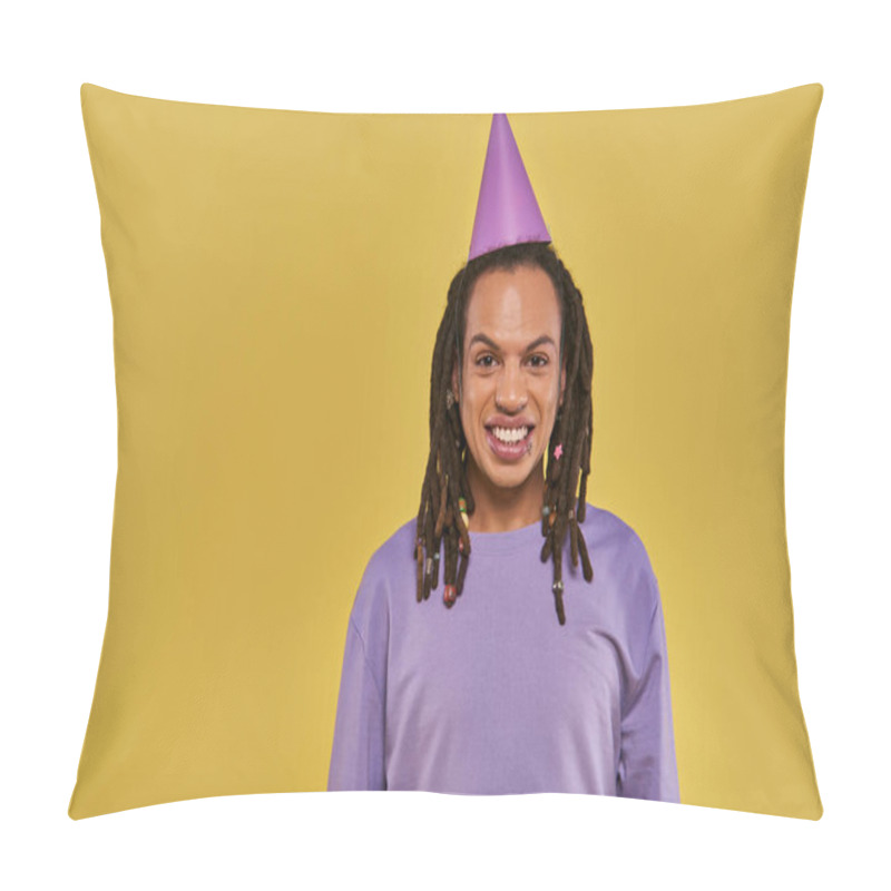 Personality  Cheerful African American Man With Birthday Hat And Pierced Lip Smiling At Camera, Birthday Pillow Covers