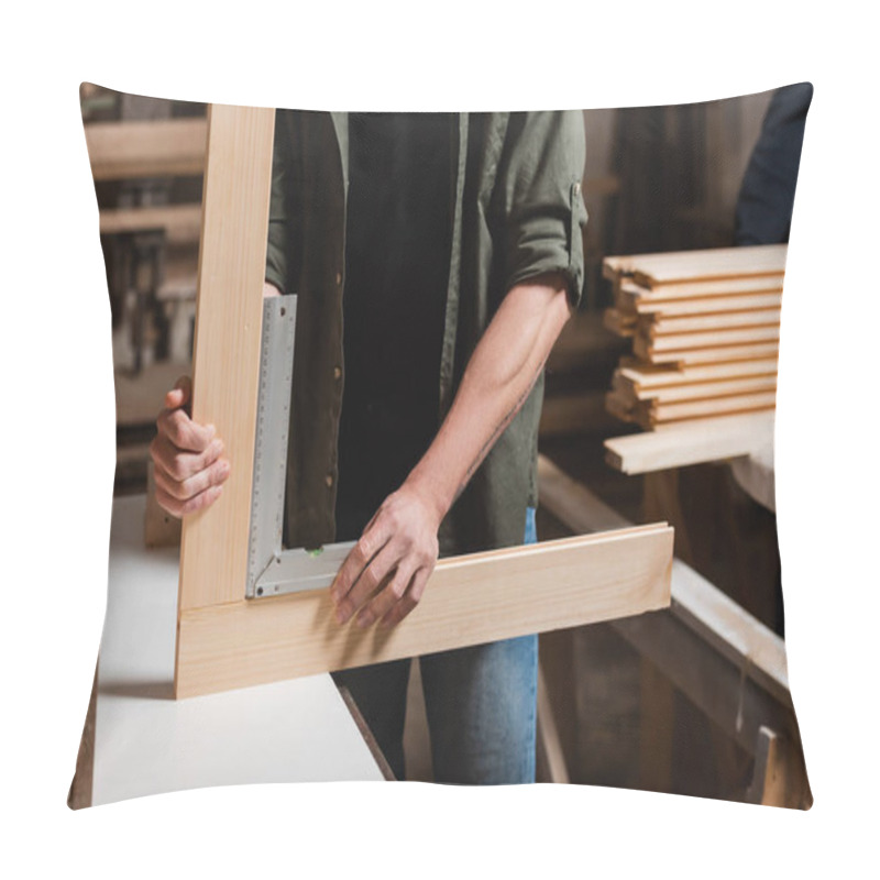 Personality  Cropped View Of Furniture Designer Measuring Wooden Details With Corner Ruler Pillow Covers