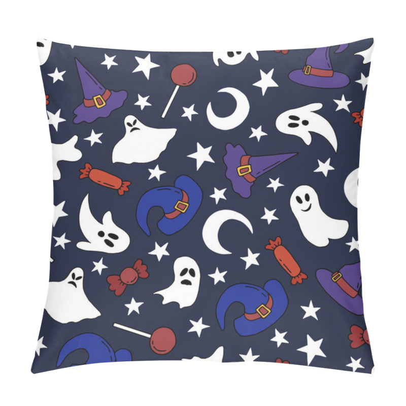 Personality  Halloween. Seamless Pattern With Ghosts, Hats, Candies, Stars And Moon. Whimsical Hand-drawn Illustrations. Design For Packaging, Fabric, Wallpaper. Pillow Covers