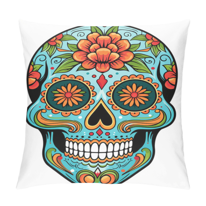 Personality  Drawing Illustration Of An Ornately Decorated Day Of The Dead Sugar Skull, Or Calavera. Pillow Covers