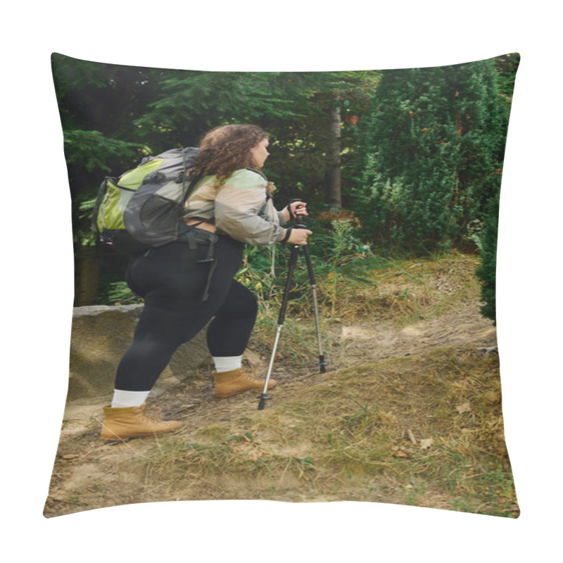 Personality  A Plus Size Woman Joyfully Explores A Vibrant Forest, Embracing The Beauty Of Nature. Pillow Covers