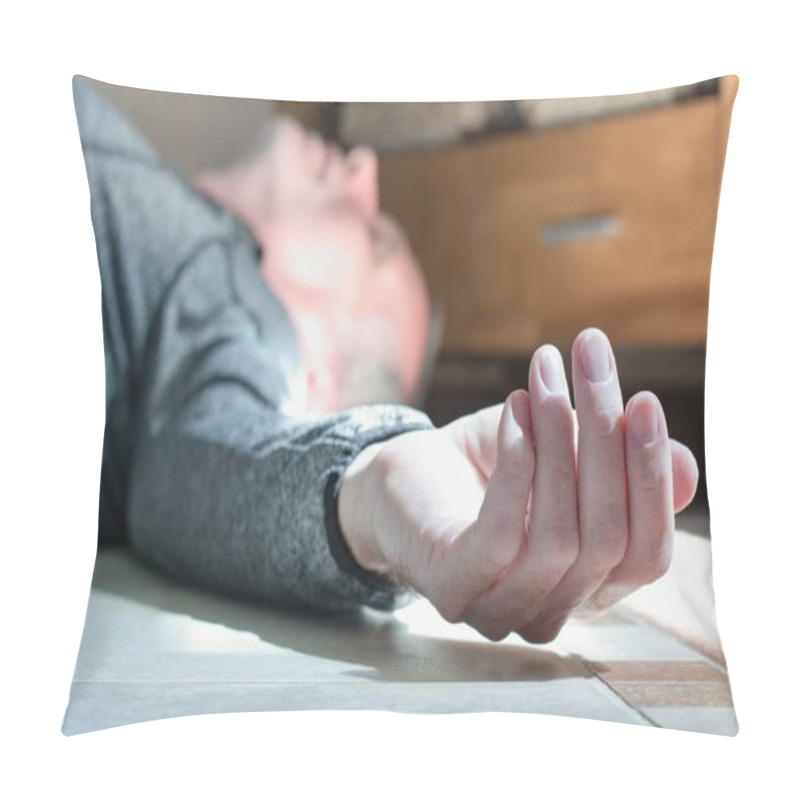 Personality  Man Lying On The Floor At Home, Epilepsy, Unconsciousness, Faint, Stroke, Accident  Or Other Health Problem, Healthcare And Medical Concept Pillow Covers