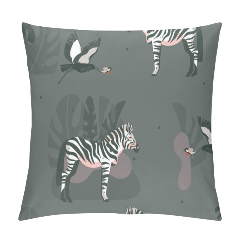 Personality  Hand Drawn Vector Abstract Cartoon Modern Graphic African Safari Nature Concept Collage Illustrations Art Print With Zebra Animals And Crane Bird In Wild Outdoor Isolated On Dark Color Background Pillow Covers