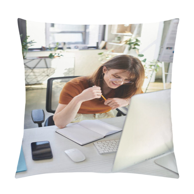 Personality  In A Contemporary Office, A Young Non Binary Individual Smiles While Working Diligently On Tasks. Pillow Covers