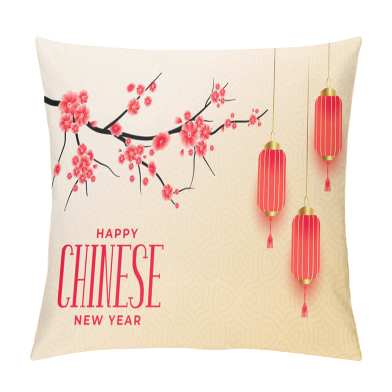 Personality  Happy Chinese New Year Greetings With Sakura Flowers And Lanterns Vector Pillow Covers