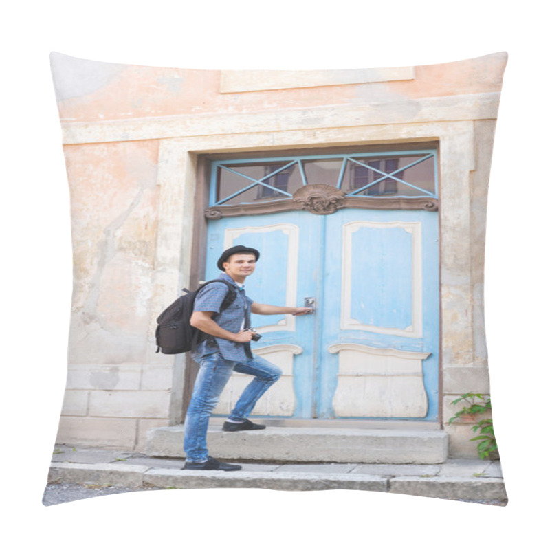 Personality  Handsome Male Tourist Entering An Old Building Pillow Covers