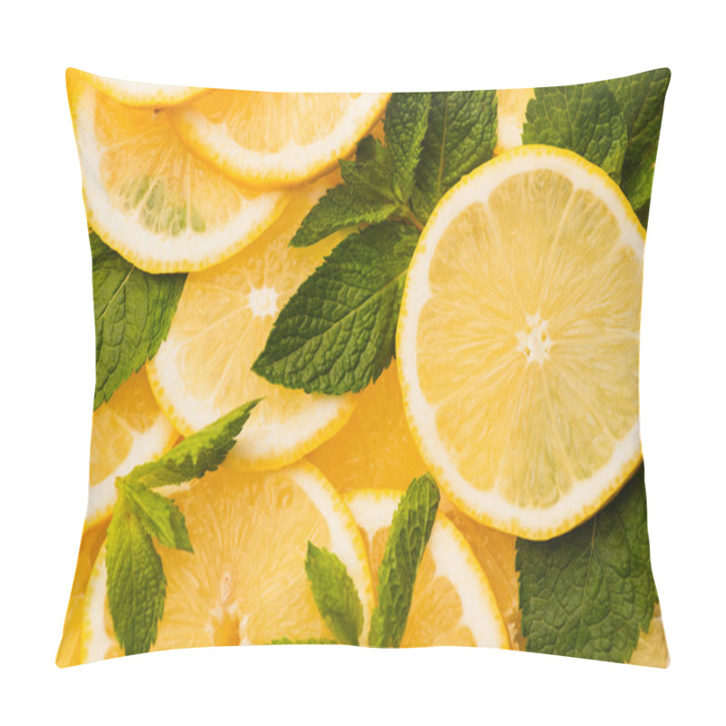 Personality  Top View Of Sliced Yellow Lemons With Mint Green Leaves Pillow Covers