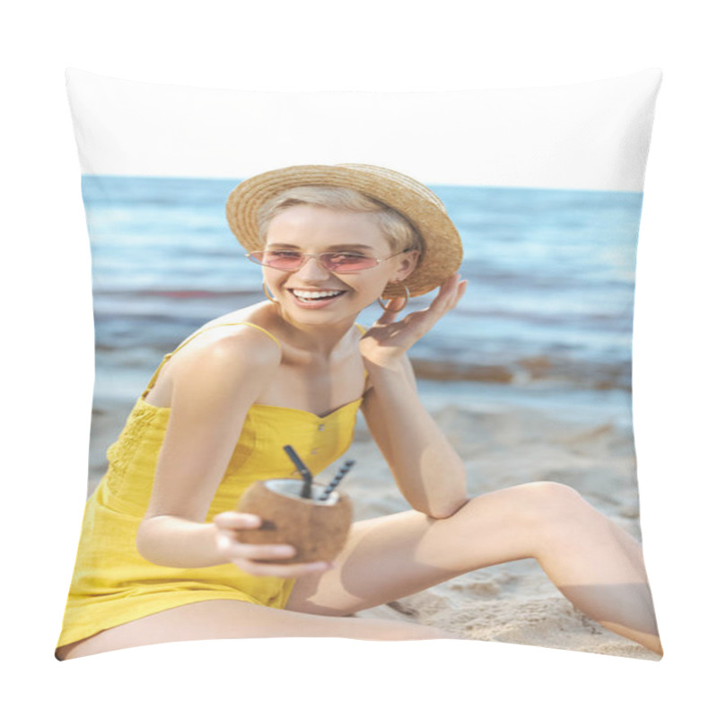 Personality  Partial View Of Woman Holding Coconut Cocktail With Straws In Hand Pillow Covers