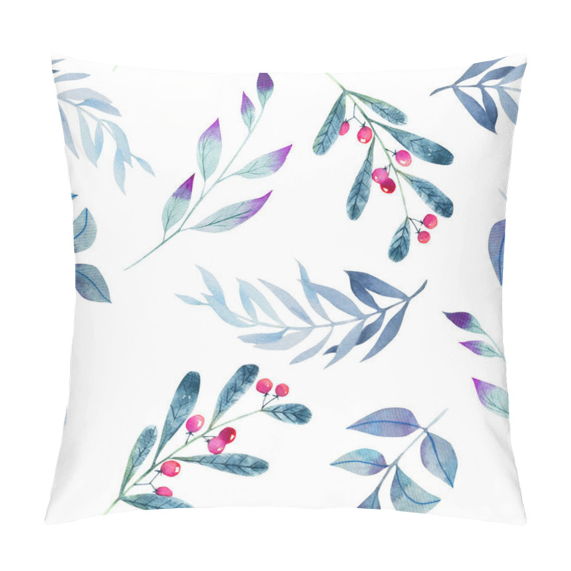 Personality  Watercolor Winter Christmas Blue Branches And Red Berries Seamless Pattern, Hand Drawn On A White Background Pillow Covers