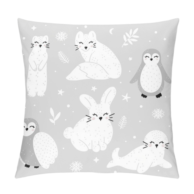 Personality  Cute Collection Of Winter Animals: Ermine, Fox, Penguin, Owl, Rabbit And Seal With Abstract Dots, Stars And Winter Elements. Monochrome Hand Drawn Scandinavian Style Vector Illustration. Pillow Covers