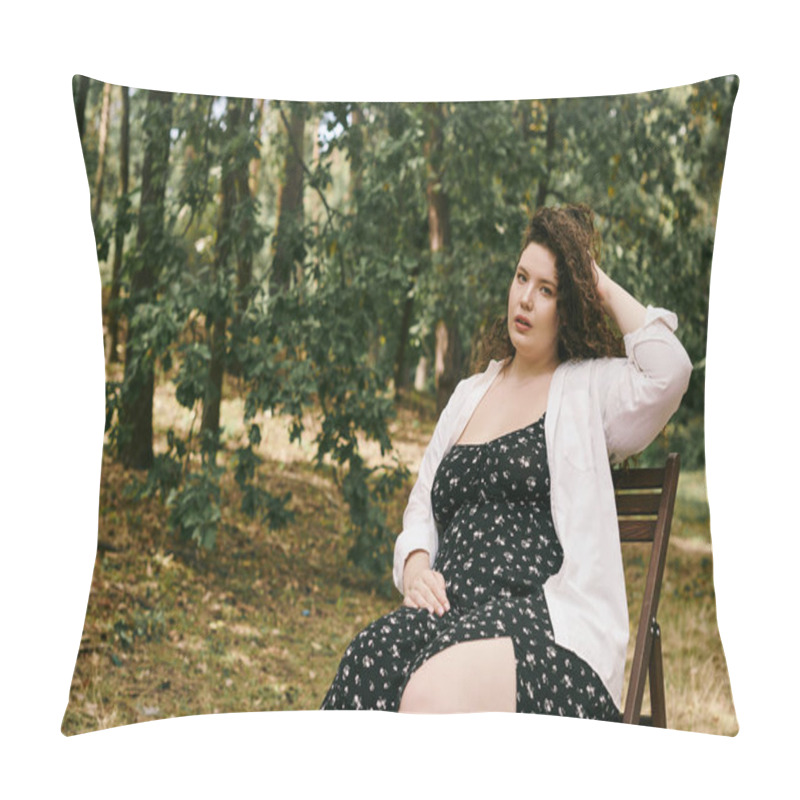 Personality  A Beautiful Plus Size Woman Sits Gracefully In A Peaceful Forest, Embracing Natures Beauty. Pillow Covers