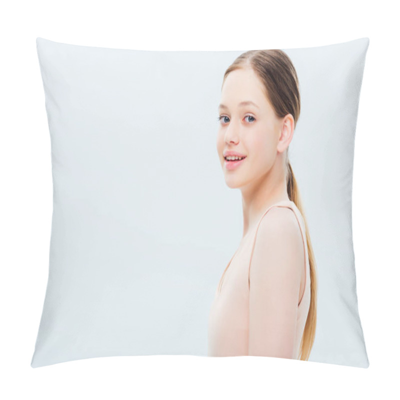 Personality  Happy Teenage Girl Looking At Camera Isolated On Grey Pillow Covers