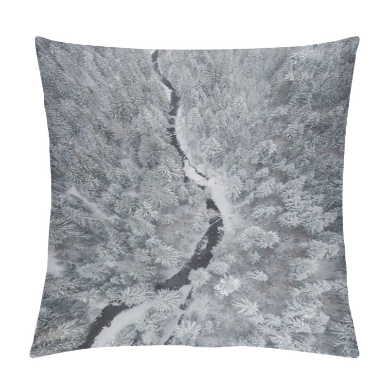 Personality  Winter Landscape From Air. Forest And River In The Winter Mountain Valley Pillow Covers