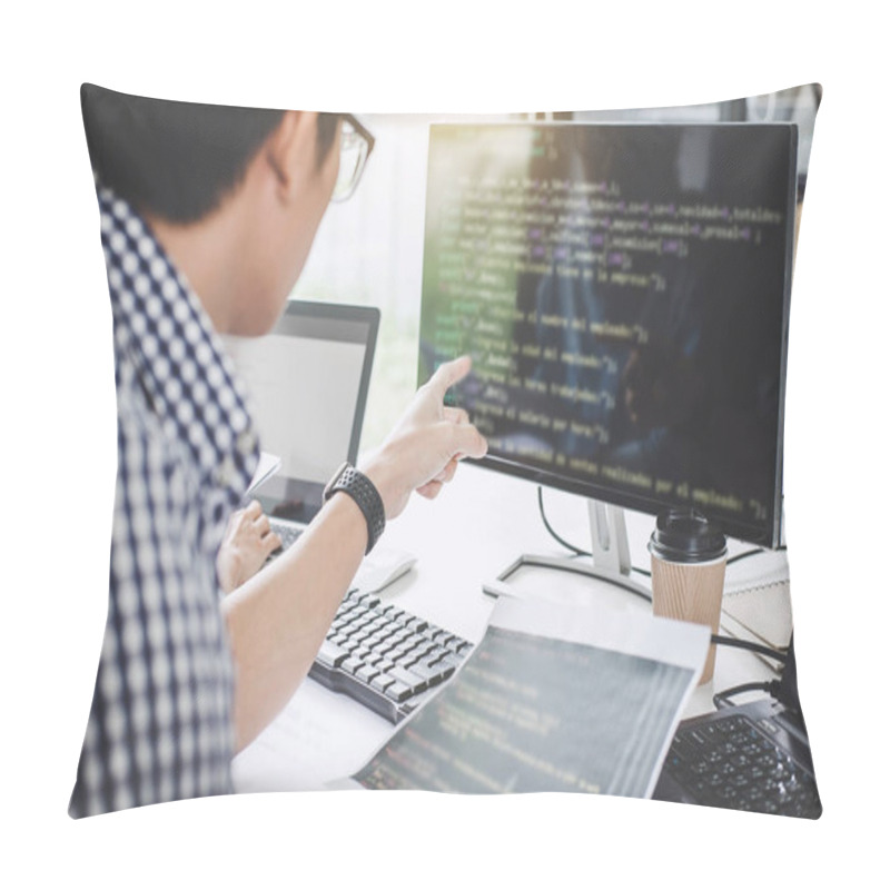 Personality  Writing Codes And Typing Data Code Technology, Programmer Cooperating Working On Web Site Project In A Software Developing On Desktop Computer At Company. Pillow Covers