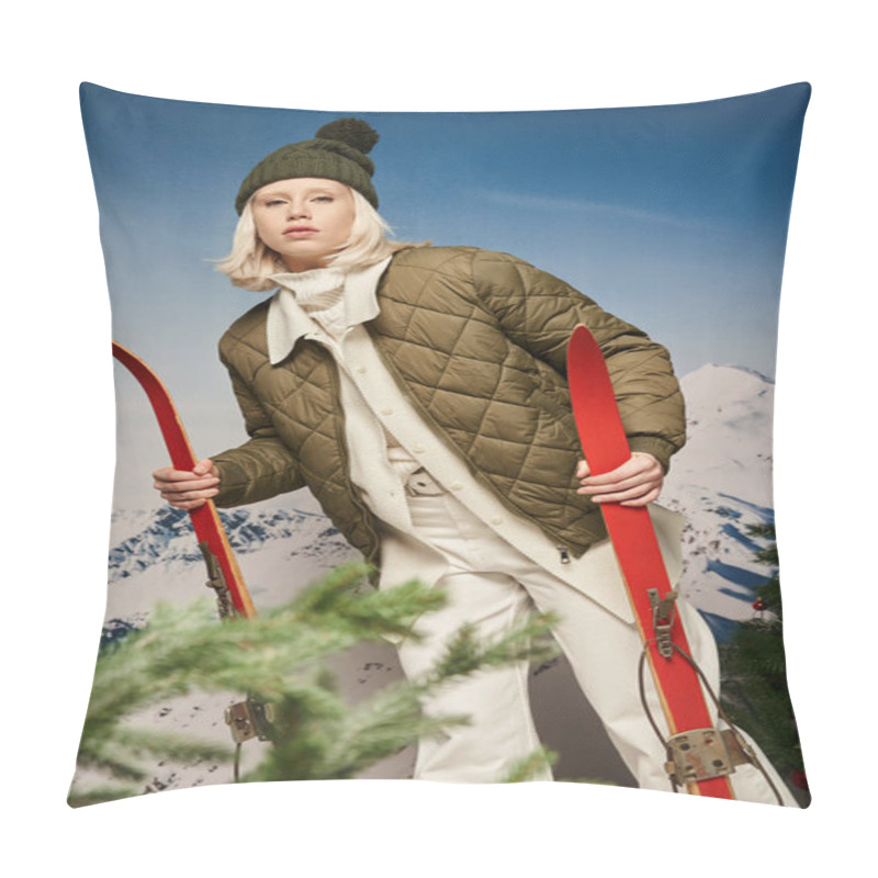 Personality  Attractive Young Woman In Warm Jacket Posing With Skis On Snowy Background, Winter Concept Pillow Covers