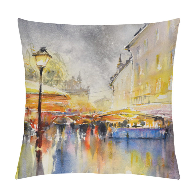 Personality  City In The Rain. People, Umbrellas And  Reflections On Wet Street.Picture Created With Watercolors. Pillow Covers