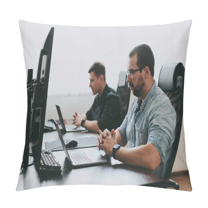 Personality  Portrait Of Two Professional Male Programmers Working On Computer In Diverse Offices. Modern IT Technologies, Development Of Artificial Intelligence, Programs, Applications And Video Games Concept Pillow Covers