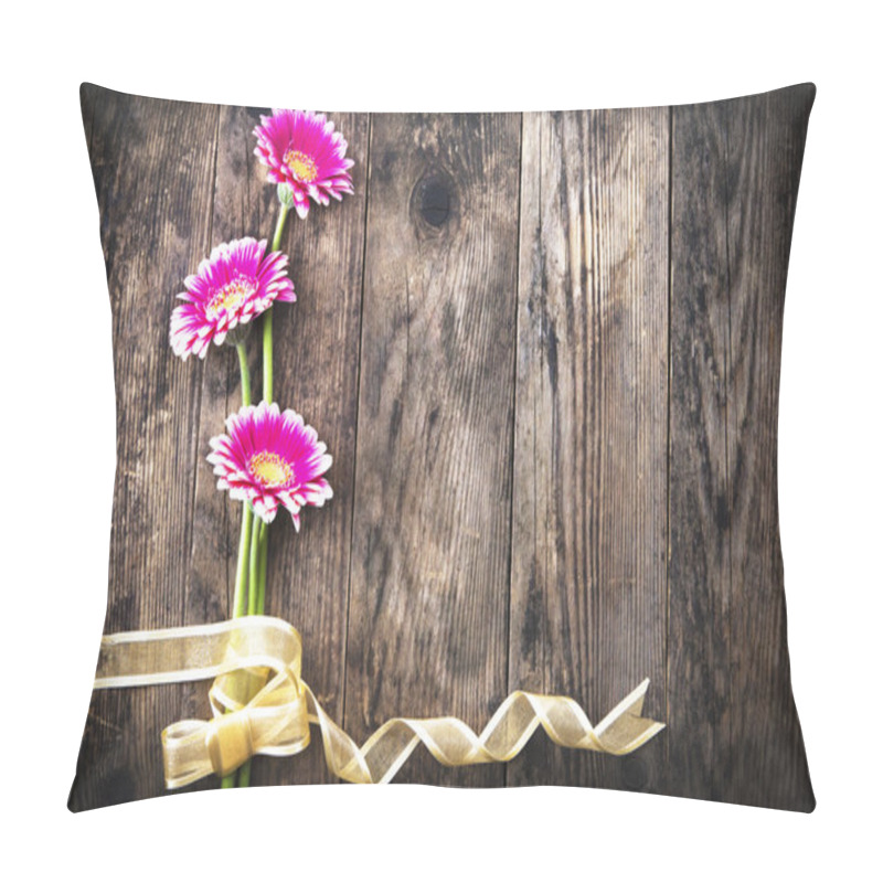 Personality  Gerbera And Gold Ribbon On The Old Board. Pillow Covers