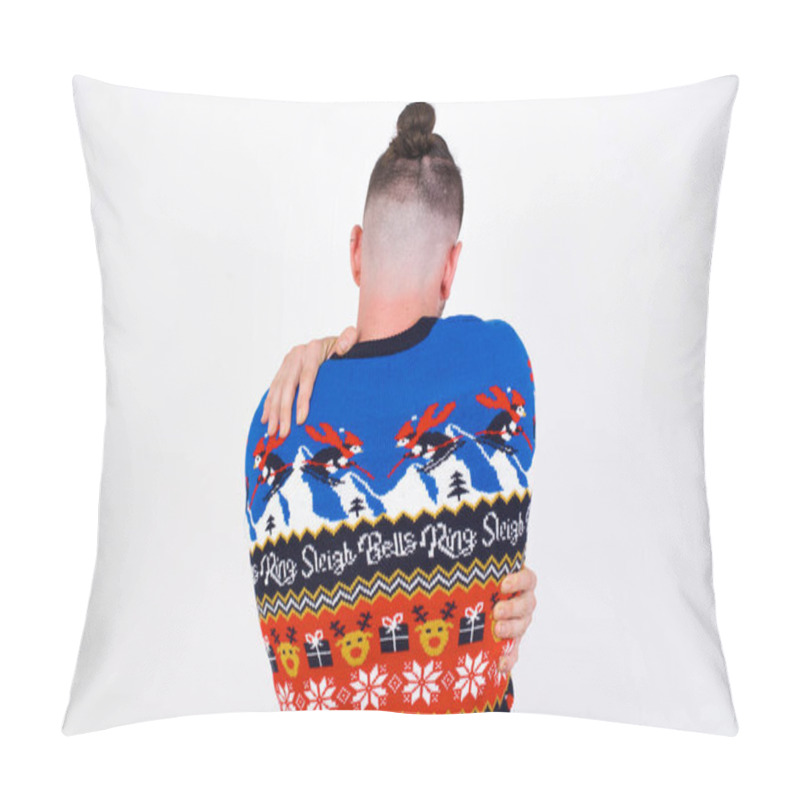 Personality  Young Handsome Caucasian Man Wearing Christmas Sweater Against White Wall,  Hugging Oneself Happy And Positive From Backwards. Self Love And Self Care. Pillow Covers