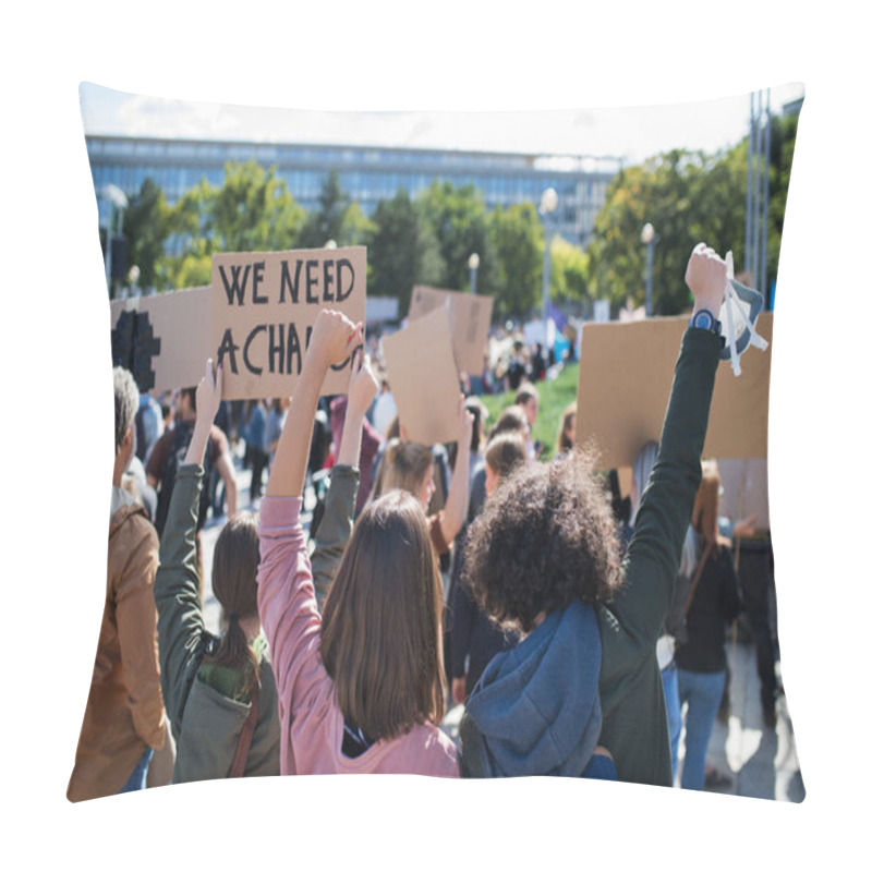 Personality  Rear View Of People With Placards And Posters On Global Strike For Climate Change. Pillow Covers