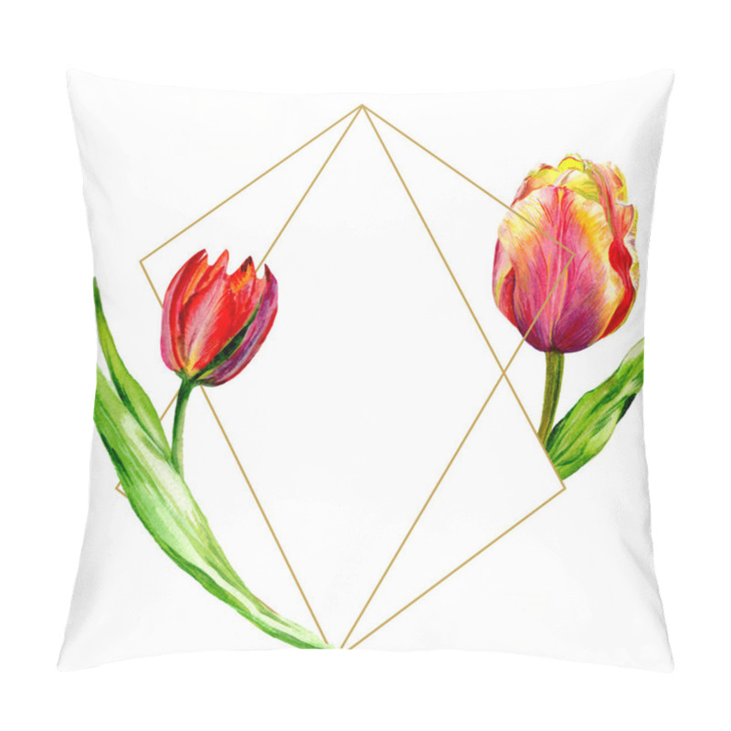 Personality  Amazing Red Tulip Flowers With Green Leaves. Hand Drawn Botanical Flowers. Watercolor Background Illustration. Frame Border Ornament Crystal. Geometric Quartz Polygon Crystal Stone. Pillow Covers