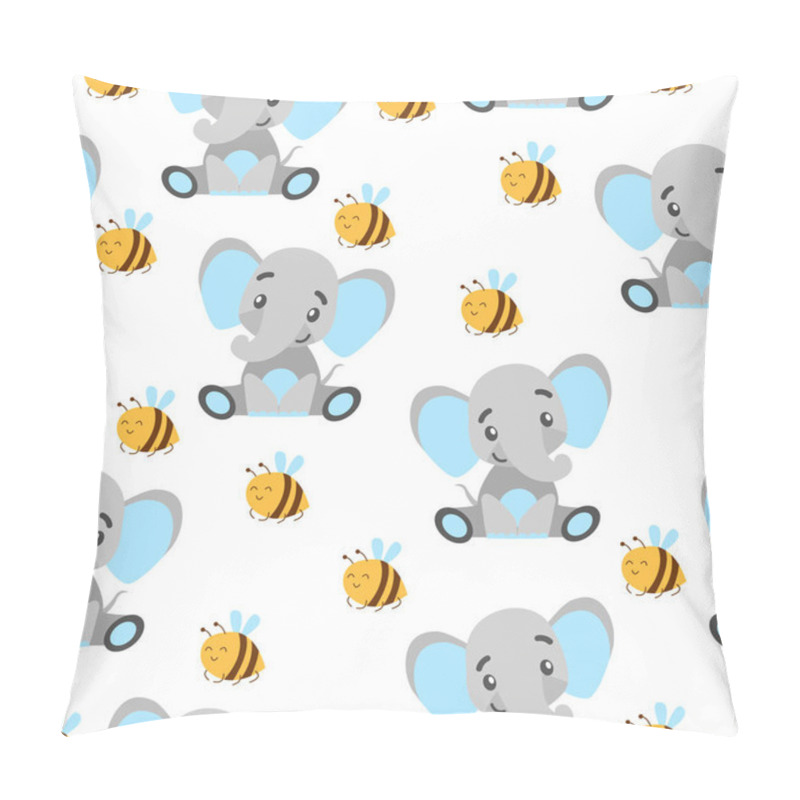 Personality  Seamless Pattern With Baby Elephants And Yellow Bees. Gray And Light Blue. White Background. Flat Cartoon Style. Funny And Cute. African Animal. For Postcards, Wallpaper, Textile And Wrapping Paper Pillow Covers