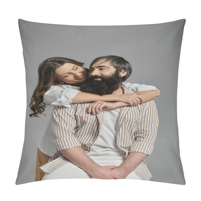 Personality  A Man And Woman, Dressed In Sophisticated Attire, Pose Together In A Studio. Pillow Covers