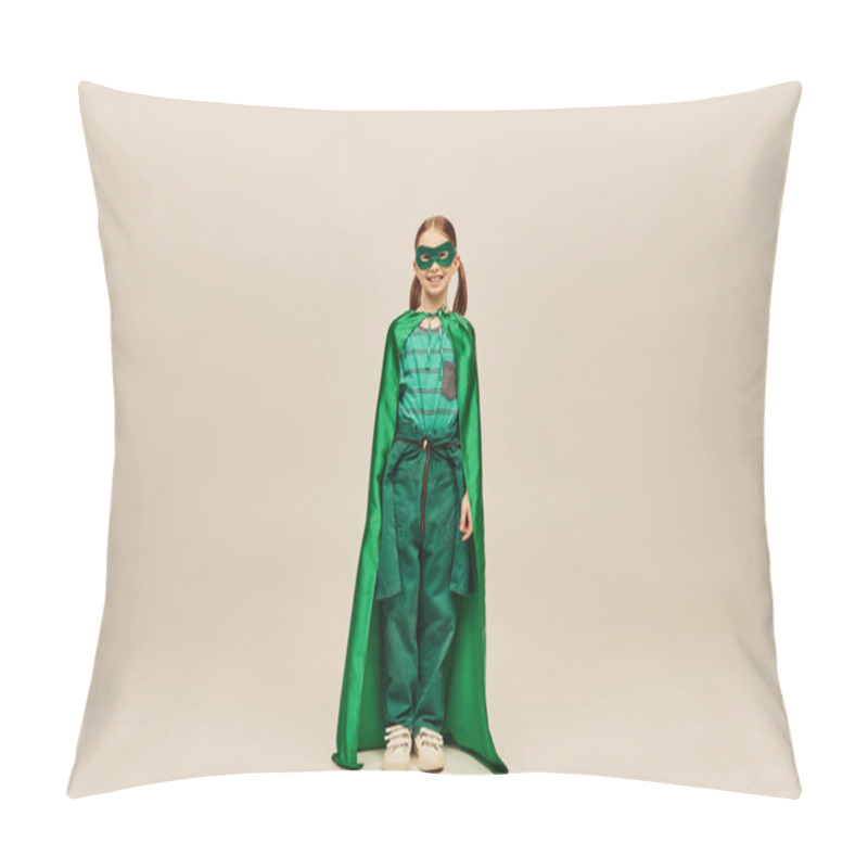 Personality  Smiling Girl In Green Superhero Costume With Cloak And Mask On Face, Wearing Pants And T-shirt And Standing While Celebrating Child Protection Day Holiday On Grey Background  Pillow Covers