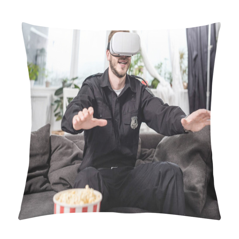 Personality  Police Officer With Virtual Reality Headset On Head Sitting On Couch And Playing Video Game Pillow Covers